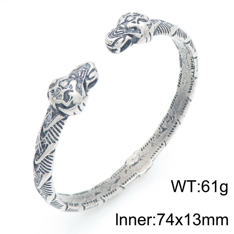 Dark Animal Lion Head Snake Head Opening C-Shaped Bracelet – Punk Style Old Winding