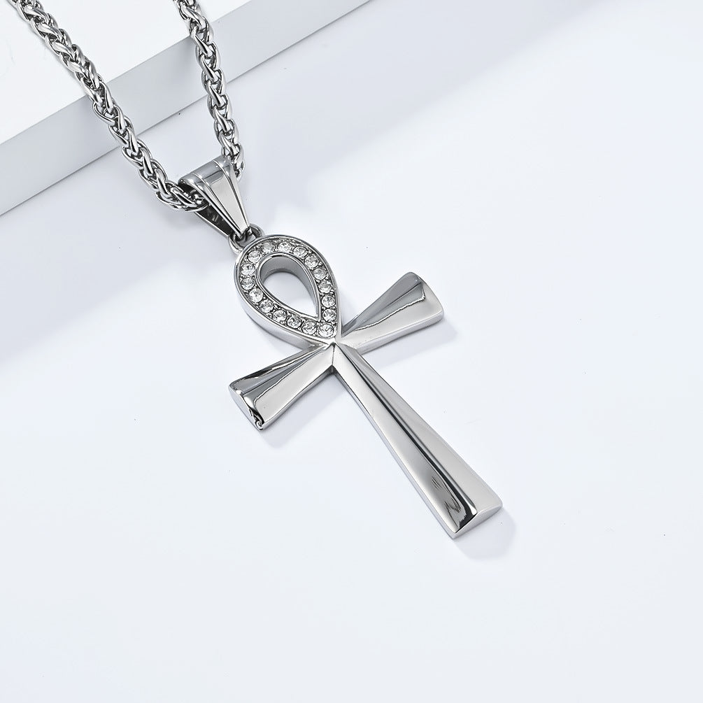 Planderful Ankh Zircon Cross Necklace For Men Titanium Steel Pendant With Inlaid Zircon Stones