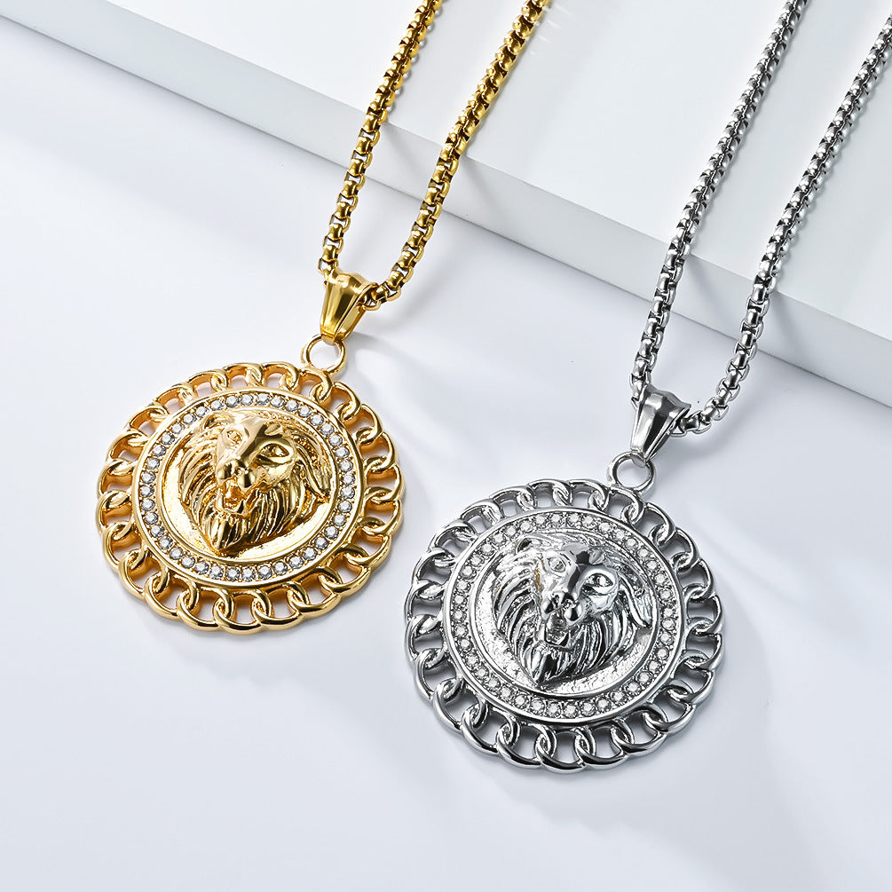 Planderful Lion Head Titanium Stainless Steel Pendant Necklace For Men Personalized Zircon Hip Hop Style