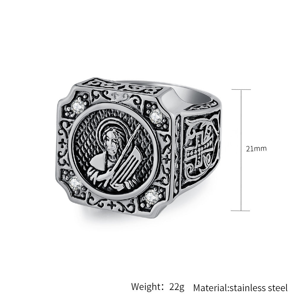 Planderful Cross Portrait Ring For Men Bold Steel Hip Hop Punk Style Durable Everyday Jewelry