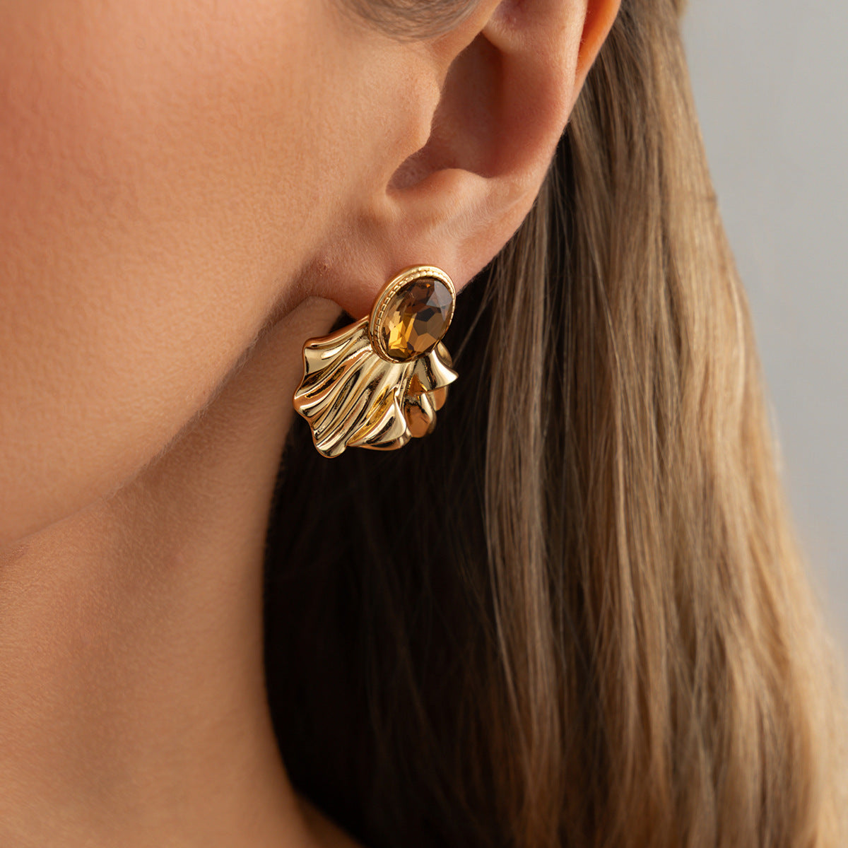 Planderful Vienna Verve Pleated Wave Petal Stud Earrings For Women Retro Gemstone Liquid Alloy Statement Jewelry