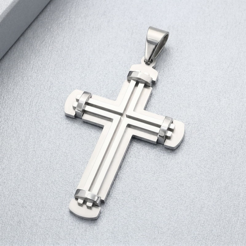 Hip-Hop Style Retro Rock Double-Layer Rivet Splicing Cross Titanium Steel Pendant Men's Color Necklace