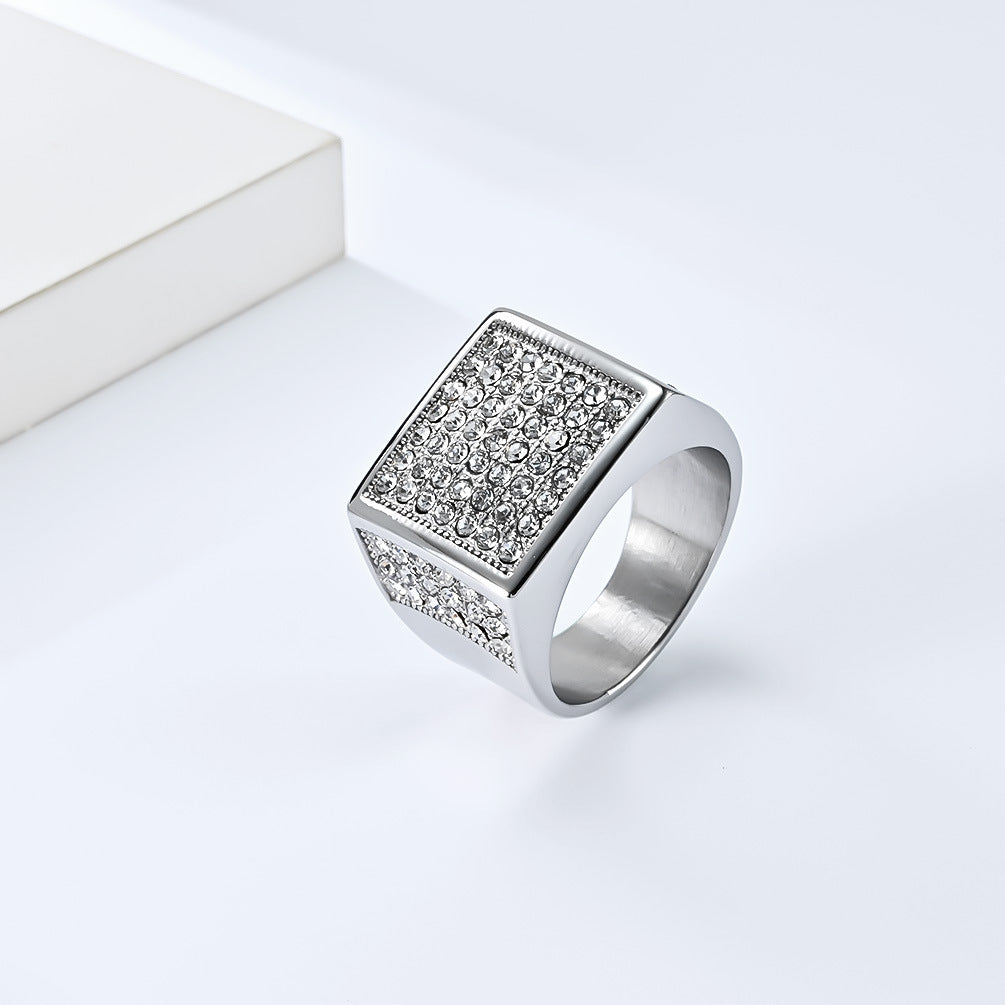 Planderful Mens Hip Hop Titanium Steel Ring Gold Plated Zircon Bold Statement Jewelry For Him