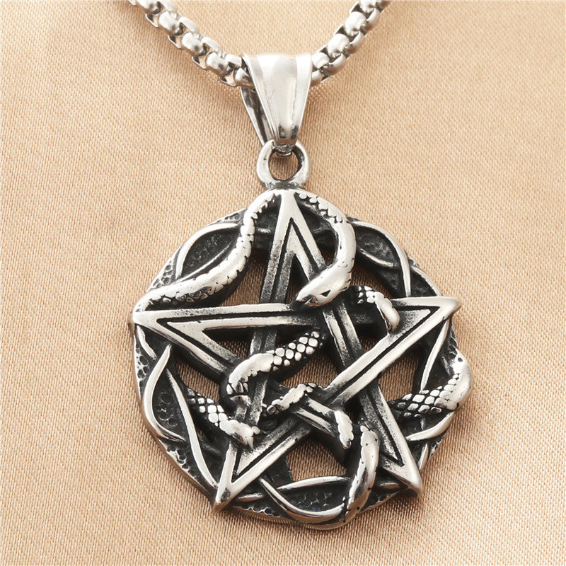 Punk-Inspired Titanium Steel Snake and Star Pendant Necklace for Men