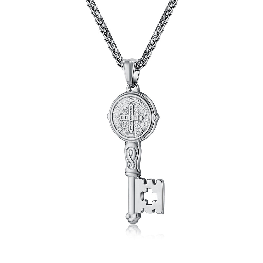 European and American Style Saint Benedict Titanium Steel Key Necklace for Men