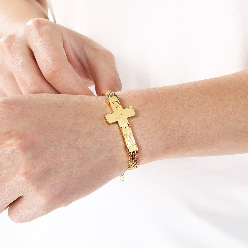 Hammer Texture Cross Stainless Steel Men's Bracelet Hand Adjustable
