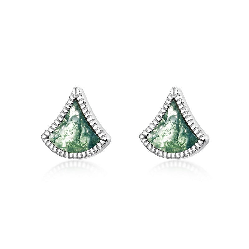 S925 Sterling Silver Moss Agate Ginkgo Leaf Stud Earrings
