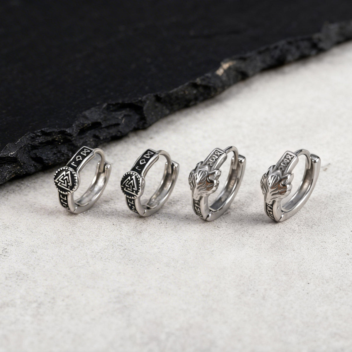 Norse Symbol Hinged Hoop Earrings — 2 Silver Styles