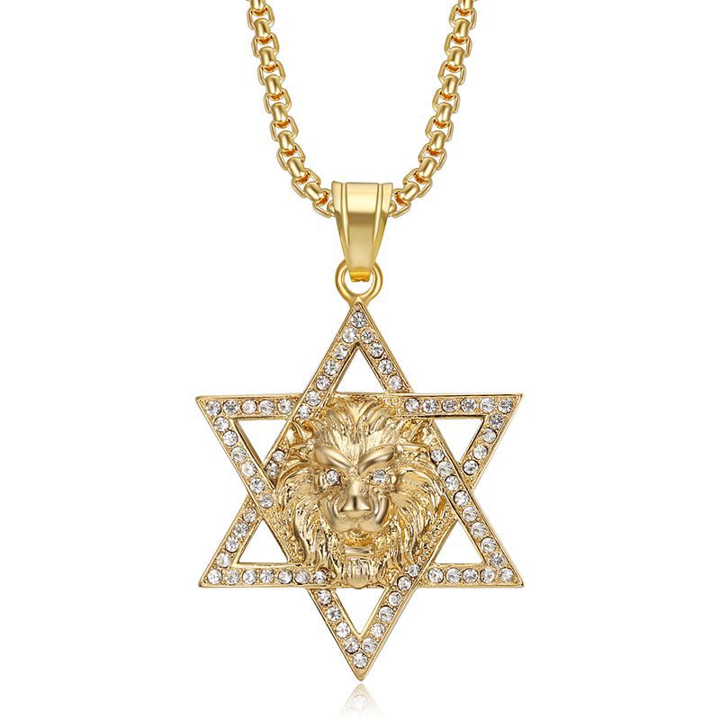 Planderful Everyday Genie Lion Head Hexagram Pendant Necklace Stainless Steel Zircon Unisex Jewelry