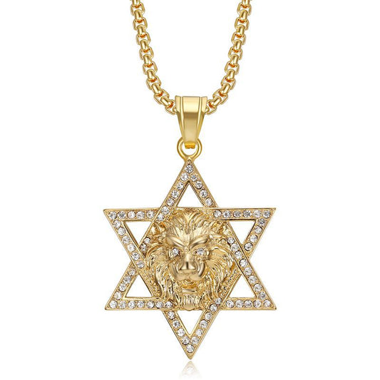 Planderful Everyday Genie Lion Head Hexagram Pendant Necklace Stainless Steel Zircon Unisex Jewelry