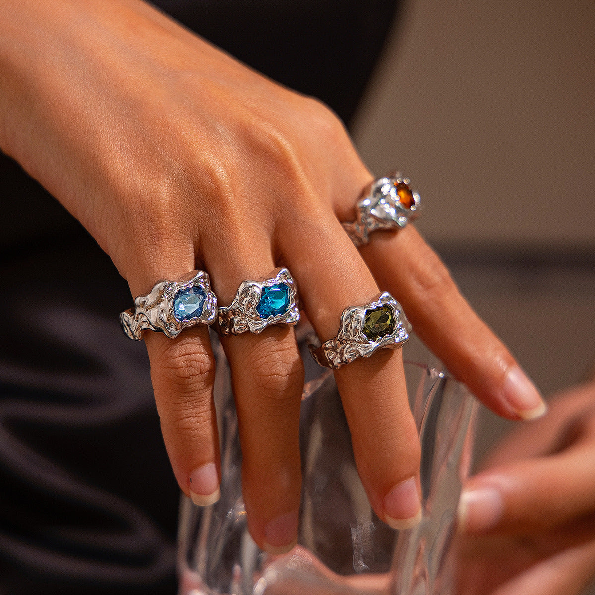 Planderful Collection Vienna Verve Zircon Gem Ring Set Geometric Lava Inlaid Statement Jewelry For Women