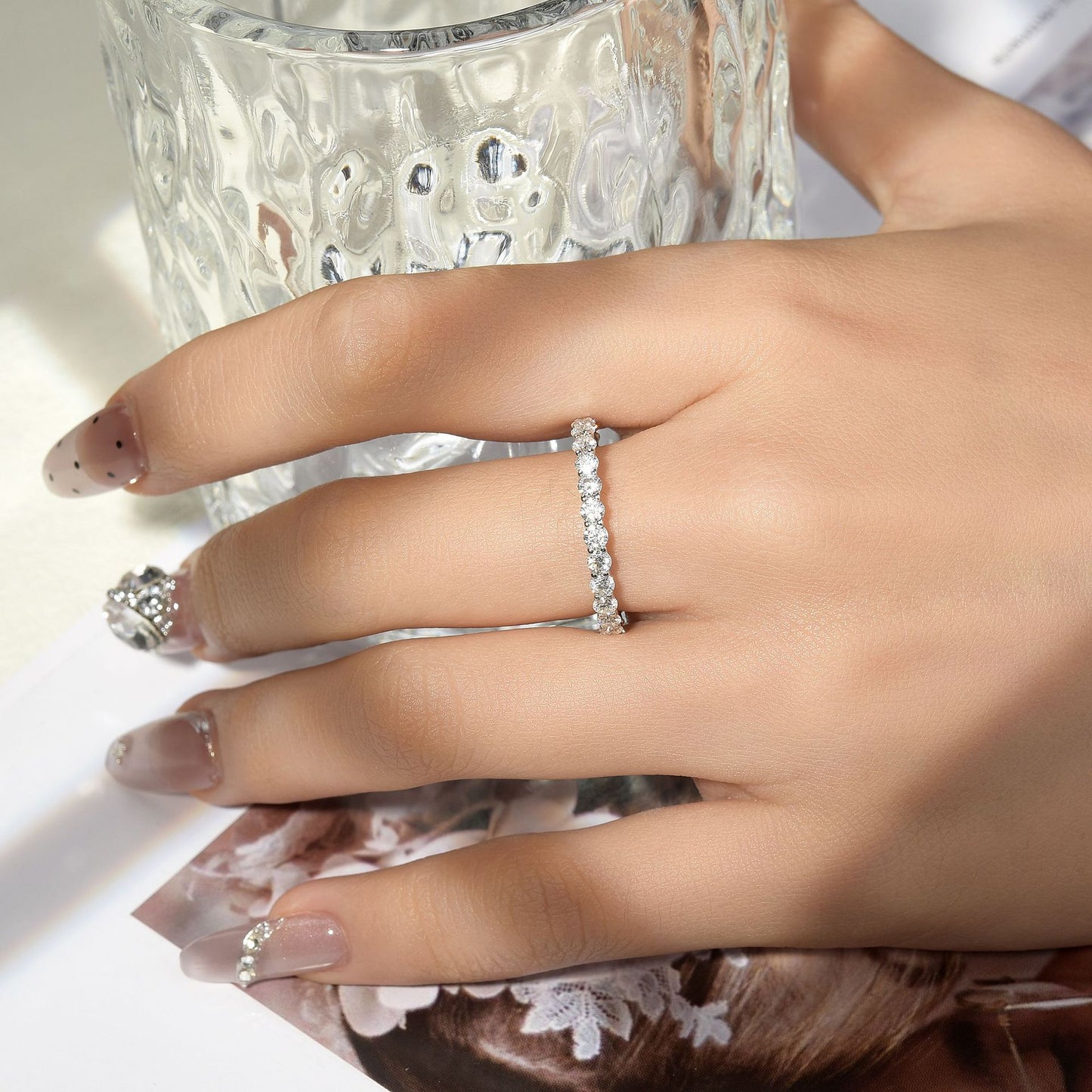 Planderful Moissanite Ring 2.5mm Row Sterling Silver 18K Gold Plated Sparkling Versatile Stacking Wedding Band For Her