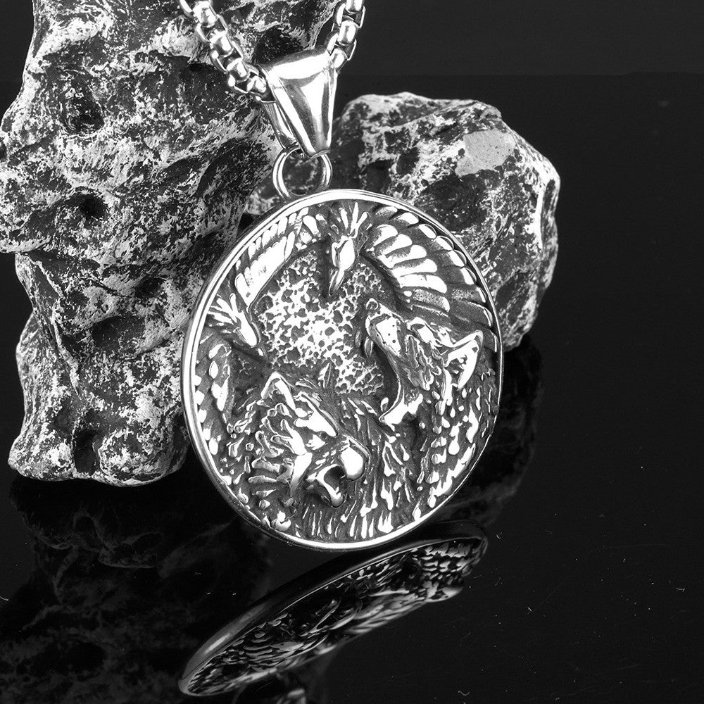 Planderful Premium Norse Legacy Viking Pendant Necklace For Men European And American Double Wolf Crow Design Titanium