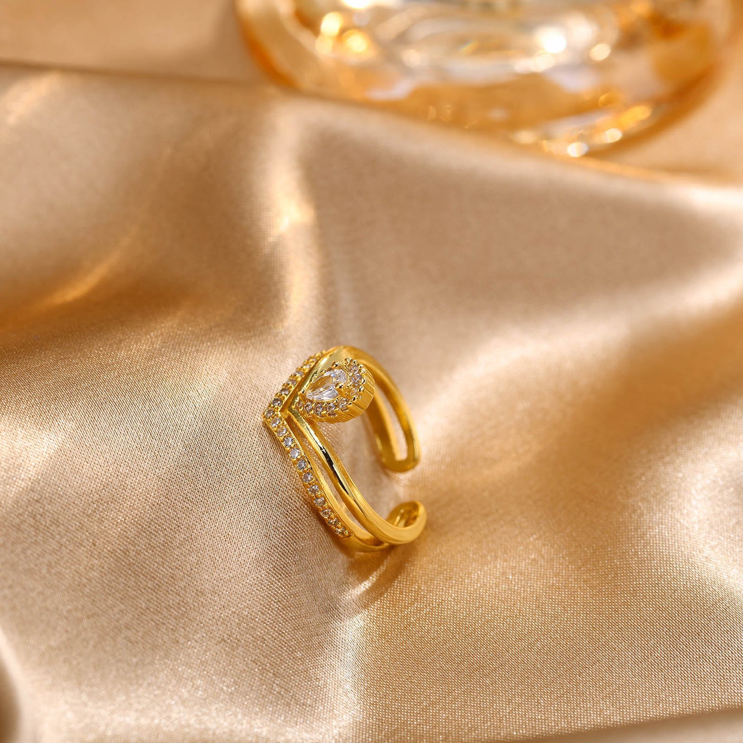 Ladies Gold Copper Zircon Quadrangram Water Drop Leaf Open Ring Jewelry