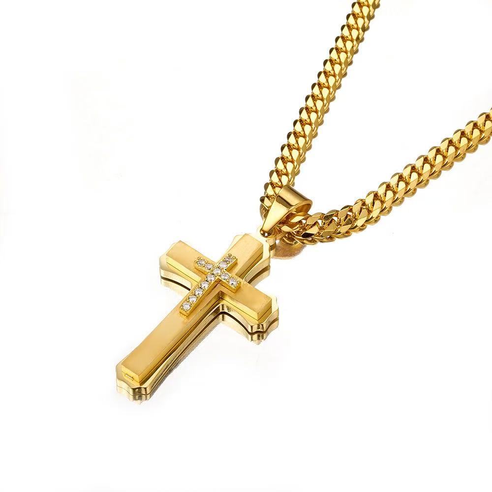 Planderful Titanium Steel Cross Pendant Necklace Three Layer Zircon Men Punk Style
