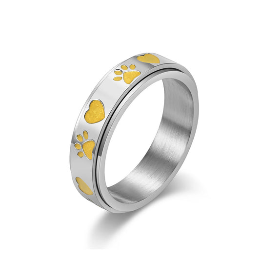 Planderful Puppy Palm Print Rotating Ring For Women Titanium Steel Pet Lover Jewelry Niche Hipster Style