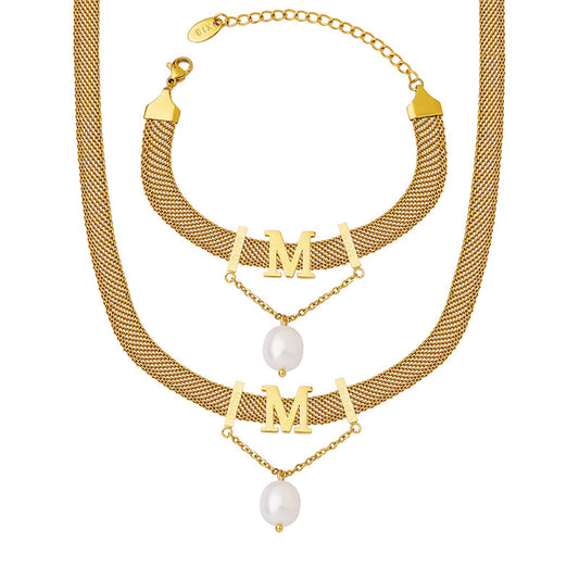 Trendy European Style M Letter Jewelry Set with Tassel Pearl Accent
