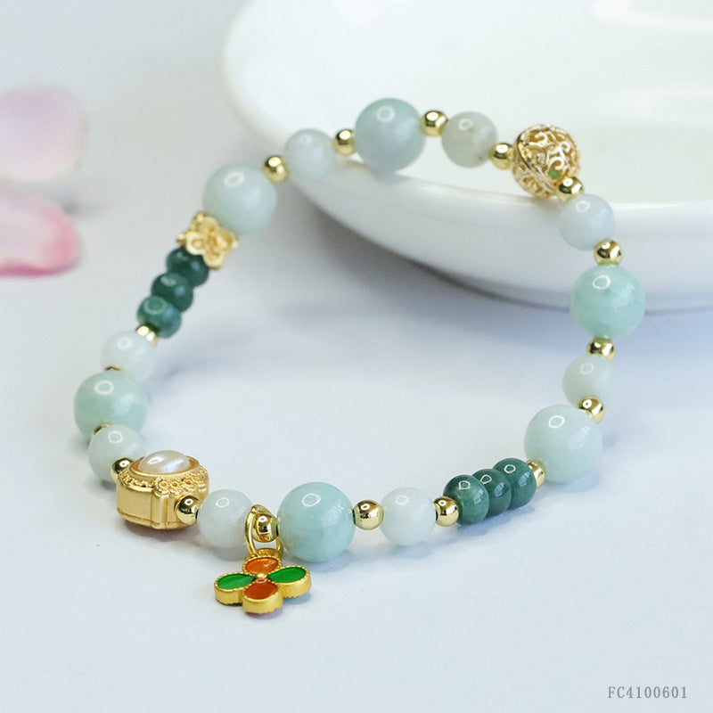 Blue Water Jadeite Four-Leaf Clover & Abacus Bead Bracelet