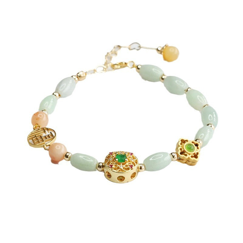 Jadeite Rice Bead & Fu Plaque Bracelet