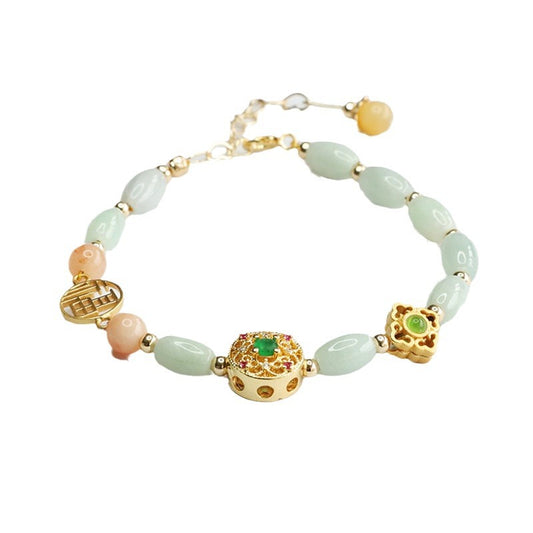 Jadeite Rice Bead & Fu Plaque Bracelet