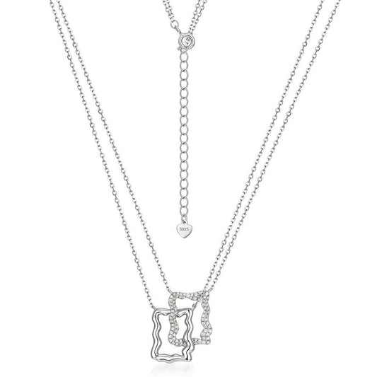 Double Hollow Wavy Rectangle Pendant Zircon Sterling Silver Necklace