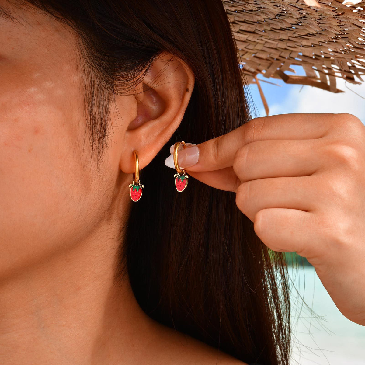 Fruit Charm Huggie Hoop Earrings — Cherry or Strawberry