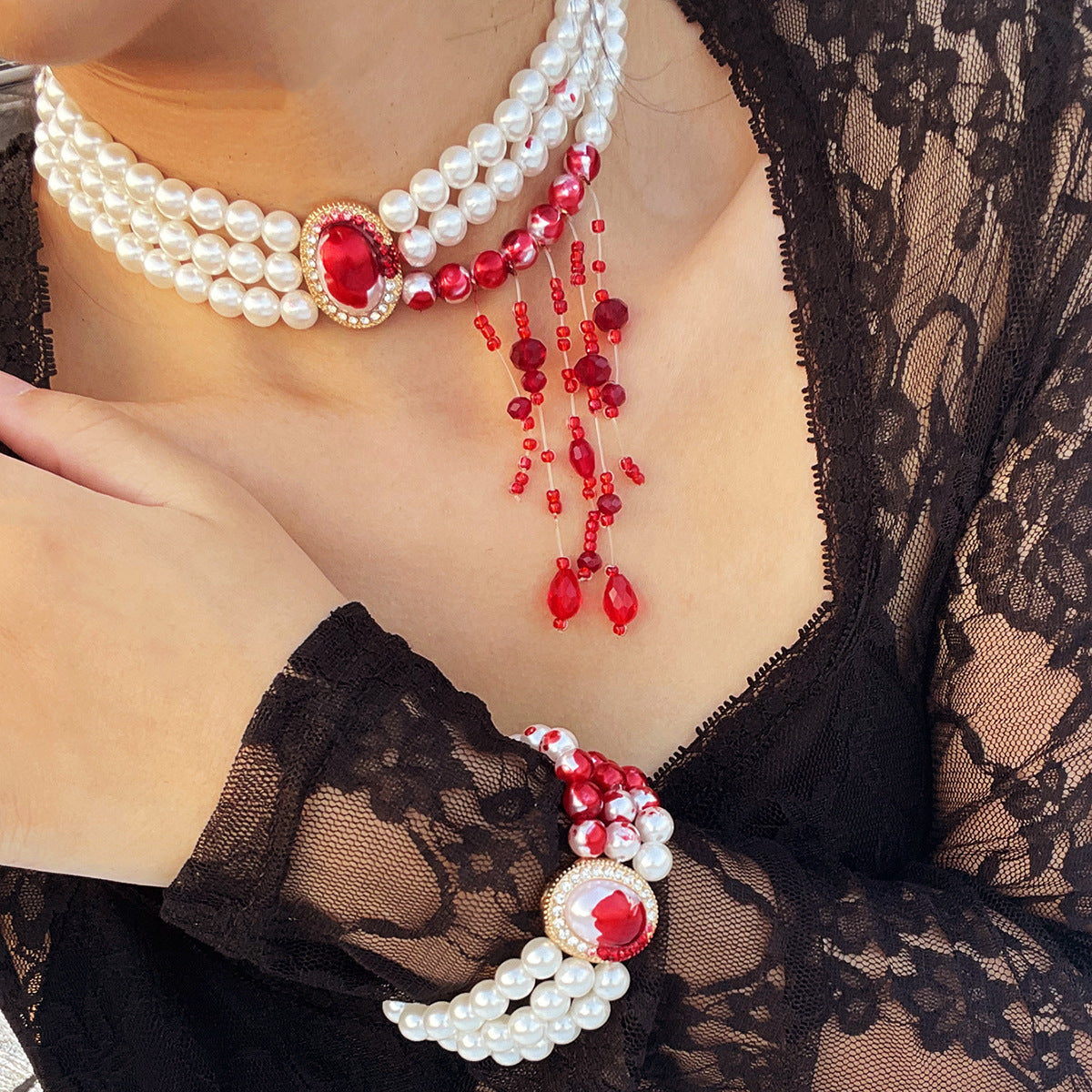 Gothic Blood Drop Necklace with Pearl Tassels - Vienna Verve Collection