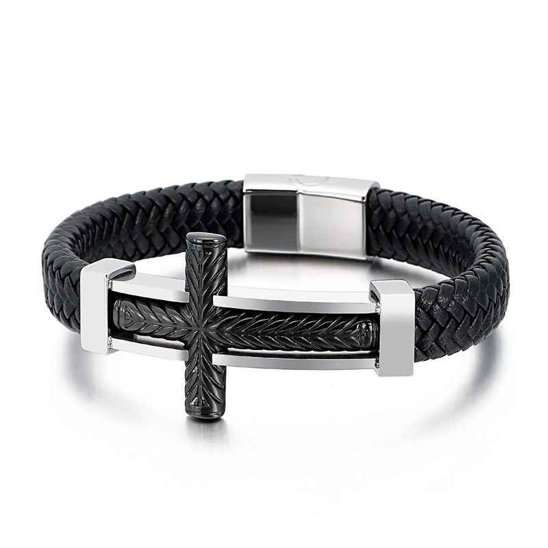 Tide & Cool Wheat Ear Pattern Cross Titanium Steel Leather Bracelet Men's – Niche