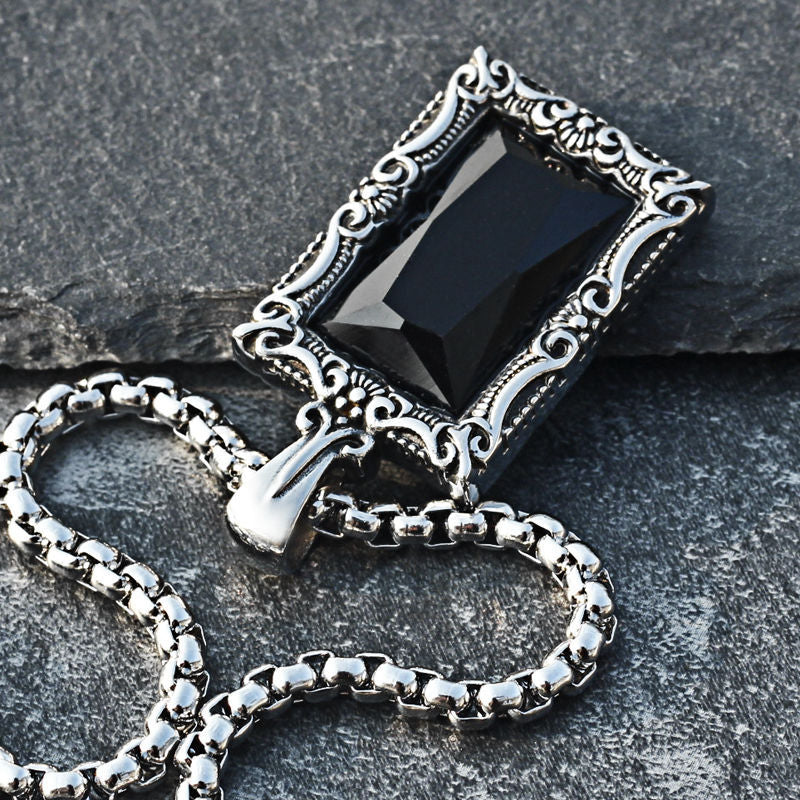 Planderful Pendant For Men And Women Retro Engraved Rectangle Black Stone Titanium Steel Unisex Bold Hip Hop Style