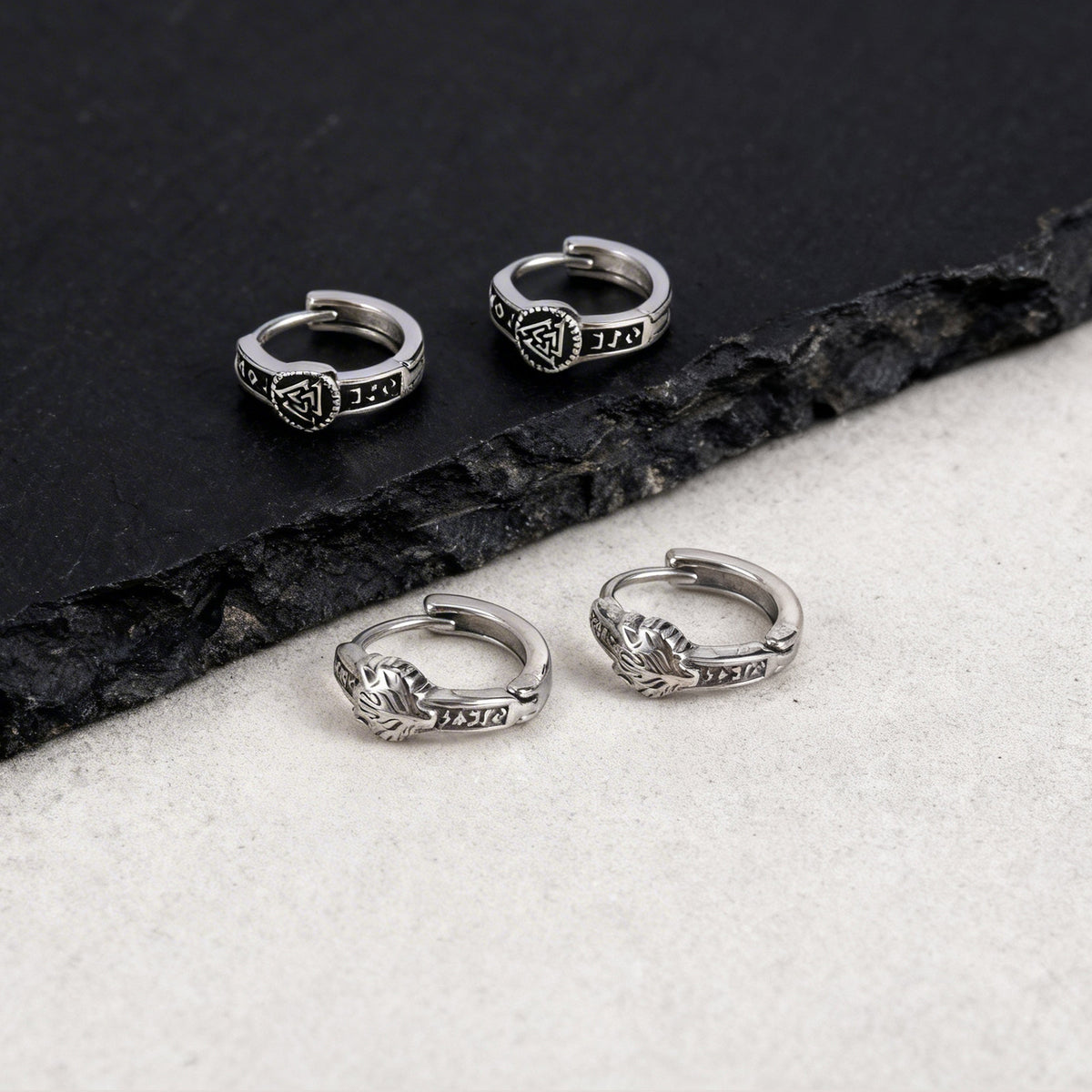 Norse Symbol Hinged Hoop Earrings — 2 Silver Styles