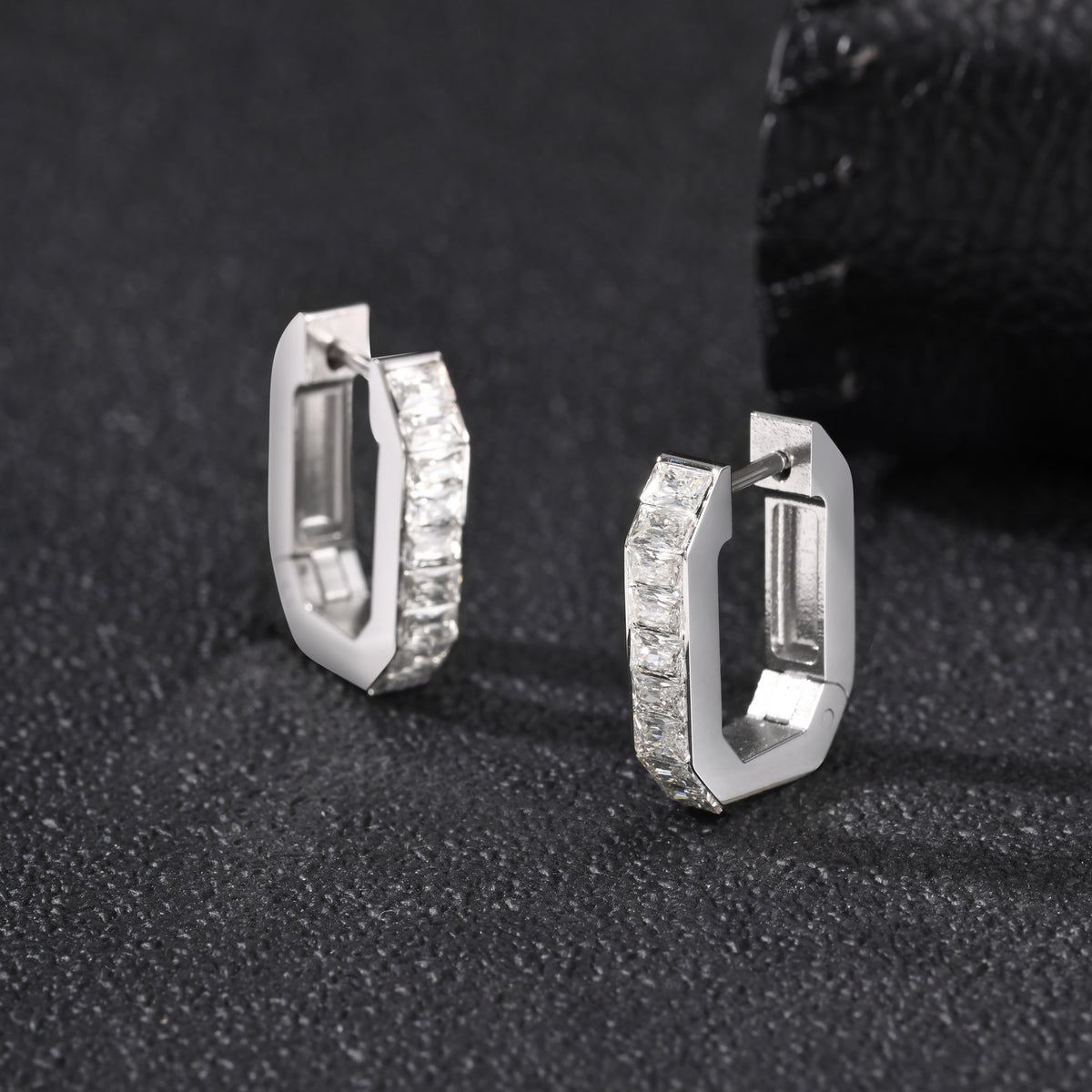 Silver-Tone Black Crystal Huggie Earring — Single