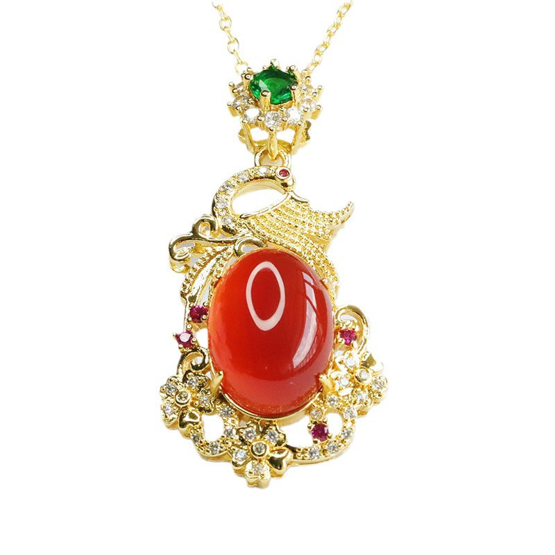 Oval Red Agate Phoenix Pendant Zircon Necklace