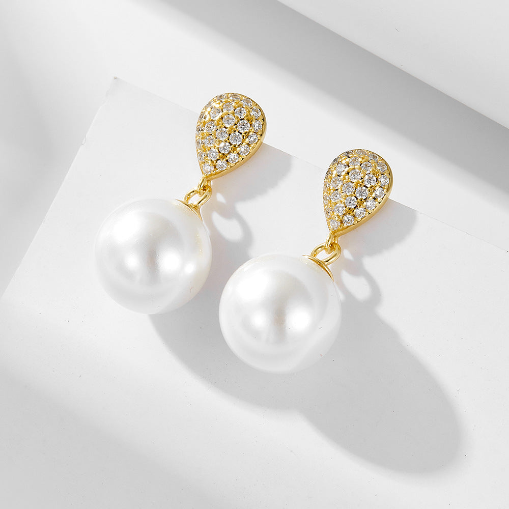 Round Pearl Pendant Zircon Water Droplet Sterling Silver Drop Earrings