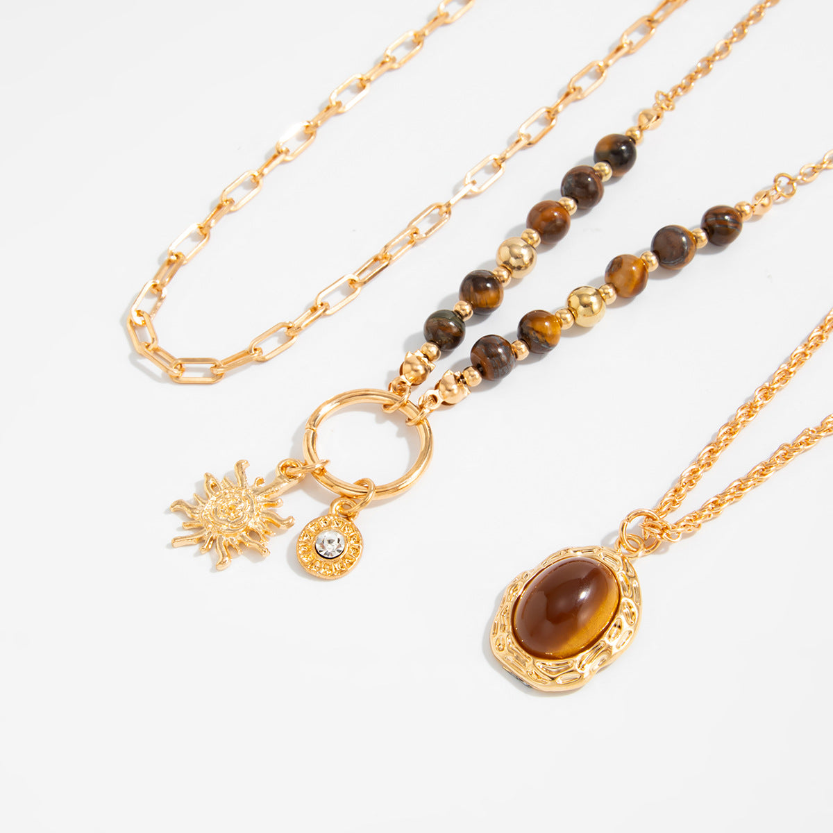 Vintage Merald-Style Tiger Stone Necklace Design With Layered Star-Shaped Sweater Chain Necklace
