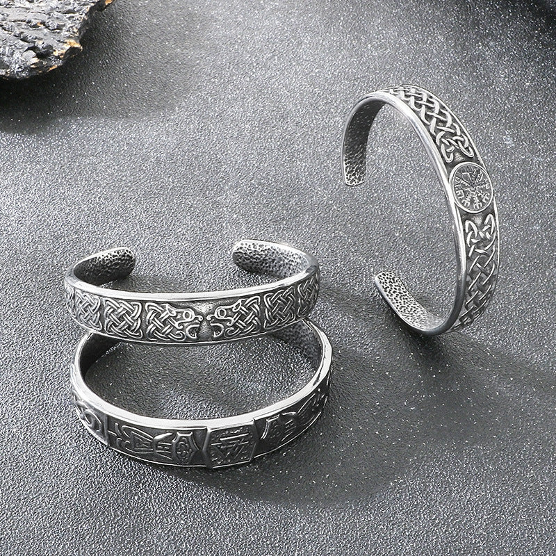 Rune – Nordic Viking Celtic Knot Double Wolf Head Titanium Steel Men's Opening Bracelet