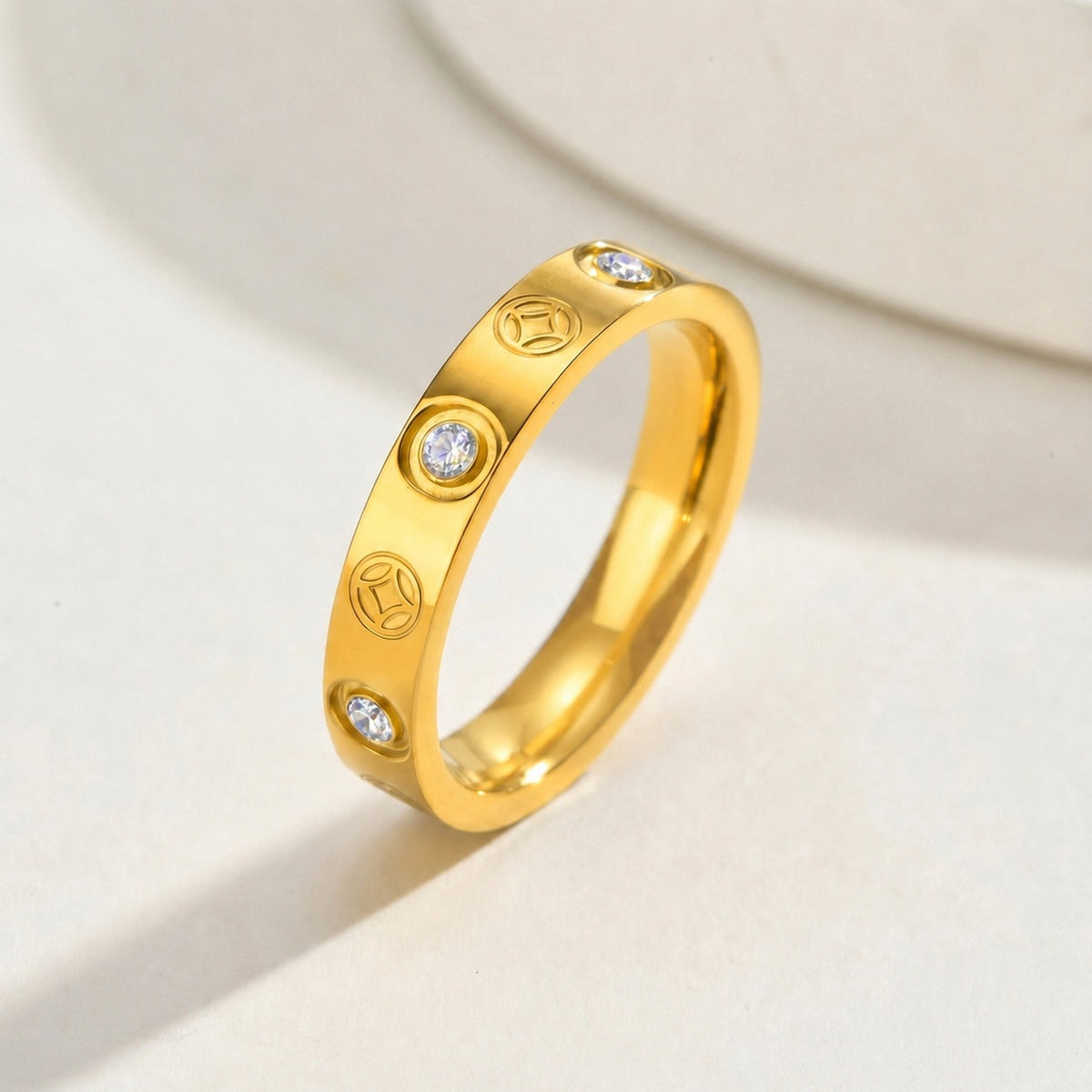 4mm Stainless Steel 6 Zircon Copper Coin Ring Gold – Women's
