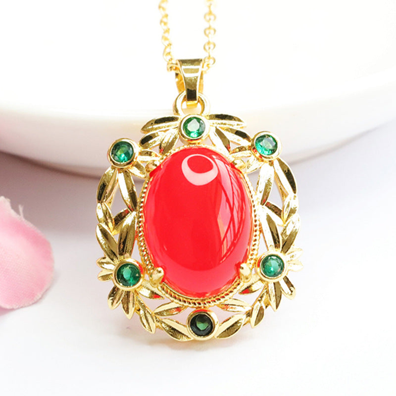 Natural Chalcedony Oval Red Agate Vintage Wreath Pendant