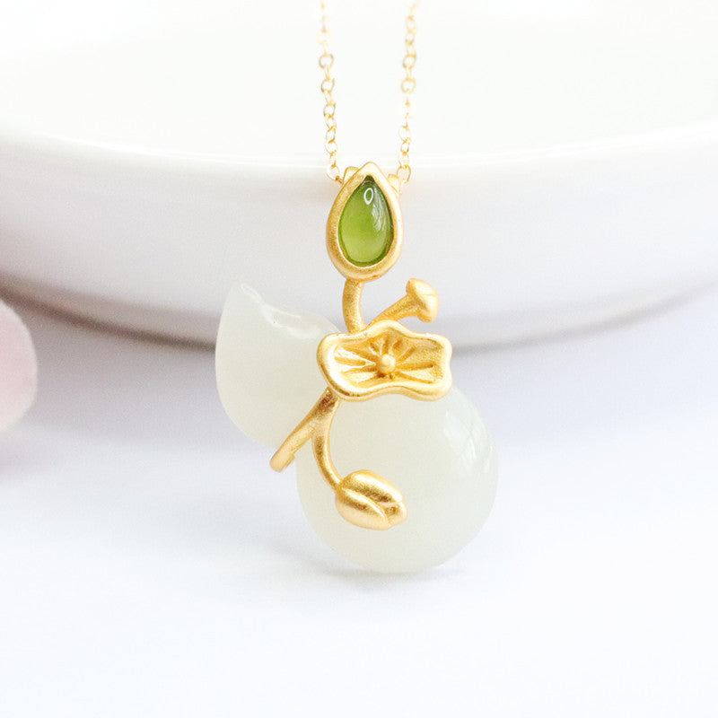 Sterling Silver Necklace with Natural Hotan White Jade Gourd and Lotus Design