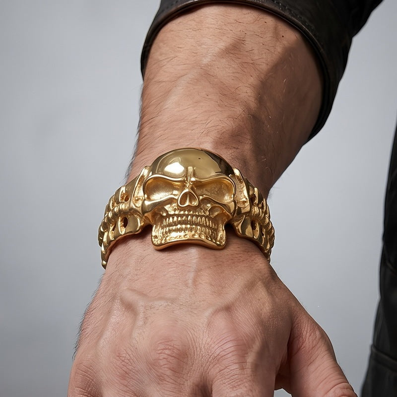 Punk Casting Three-Dimensional Skull Joint Titanium Steel Opening Bracelet Men's Dark
