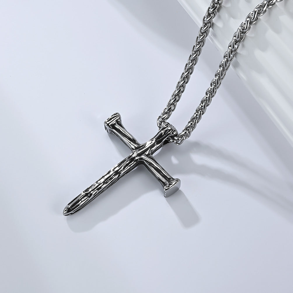 Planderful Wood Grain Cross Necklace For Men Vintage European American Style Titanium Steel Pendant Jewelry
