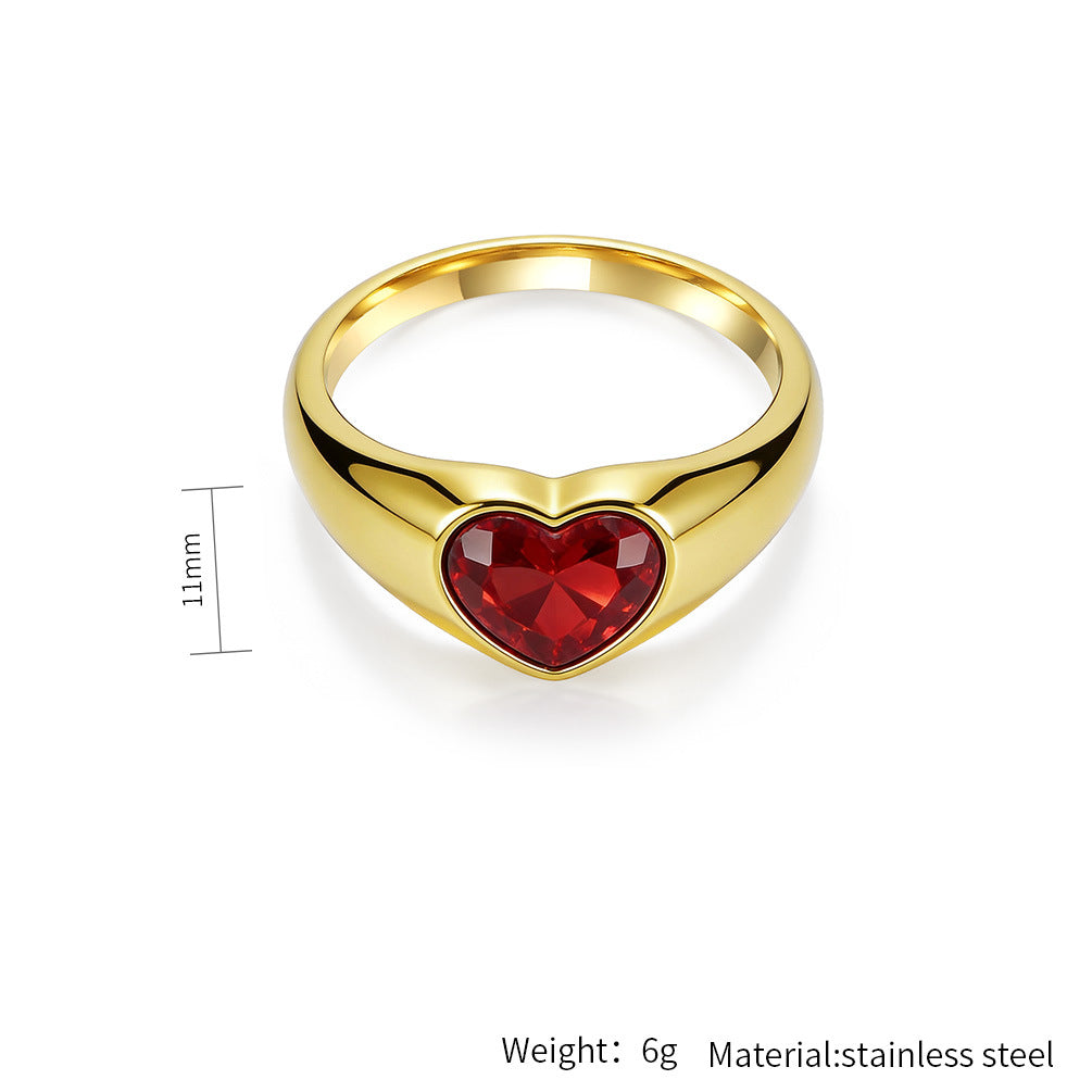 Zircon Ring – Elegant Heart-Shaped Gold-Plated Steel