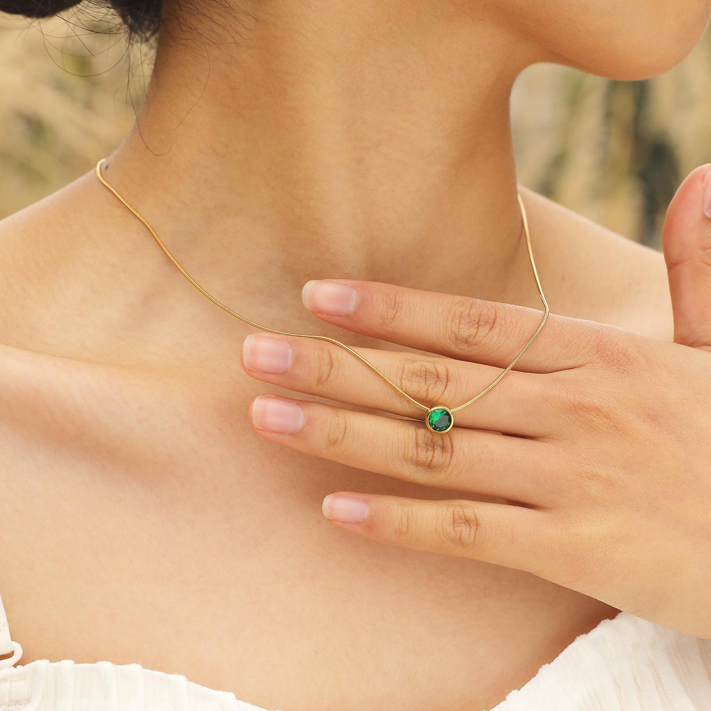 Stainless Steel Green Rhinestone Gold Necklace Women's Fashion Accessories