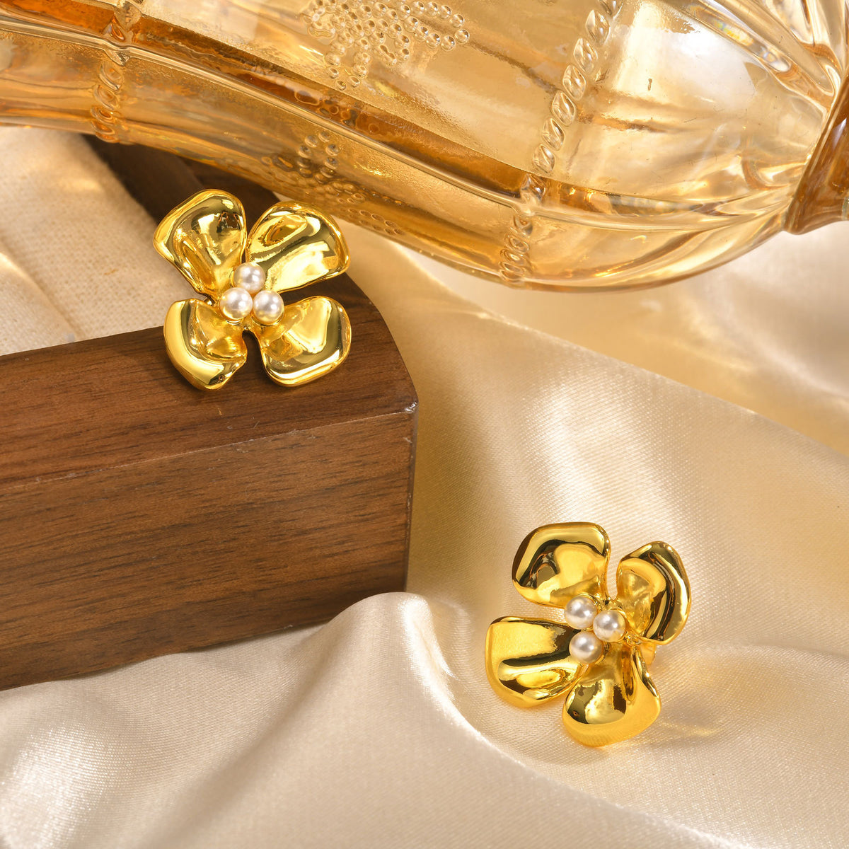 Gold-Tone Pearl Flower Stud Earrings