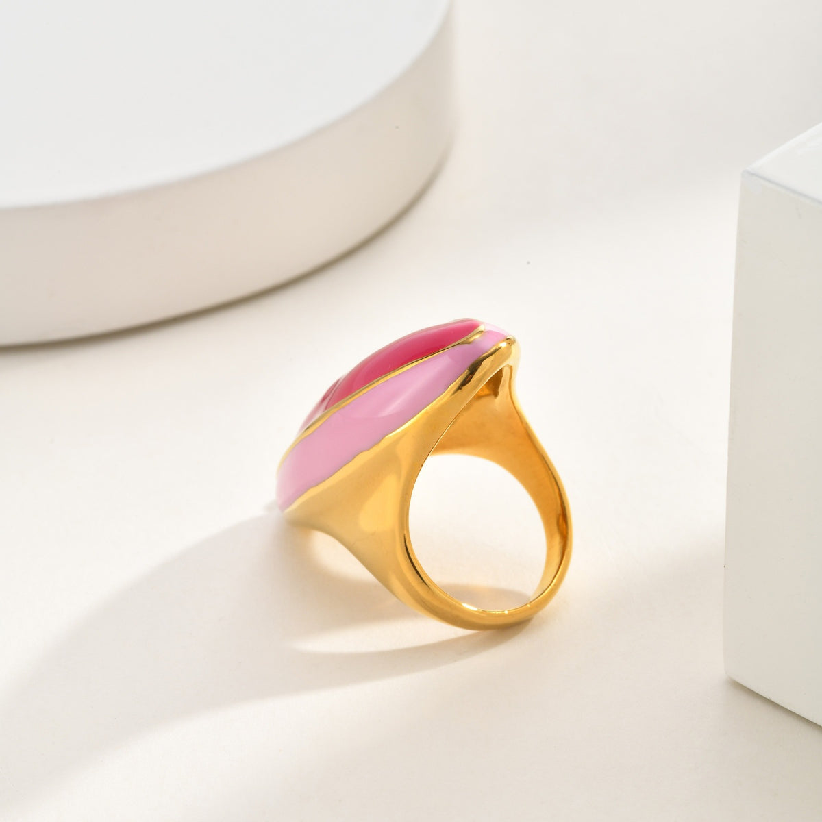 Stainless Steel Gold Rose Powder Drip Glaze Oval Ring