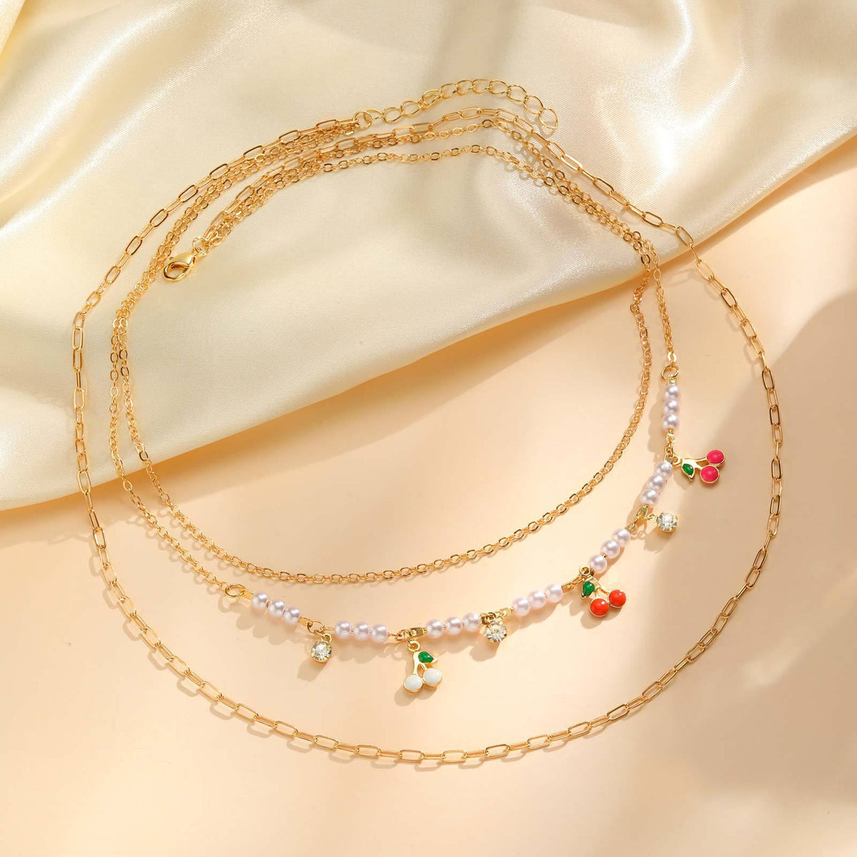 Layered Cherry Charm & Pearl Necklace