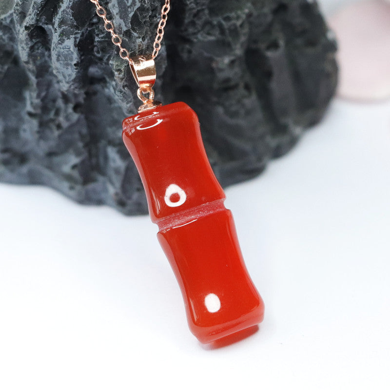 Exquisite Red Agate Bamboo Pendant Sterling Silver Necklace