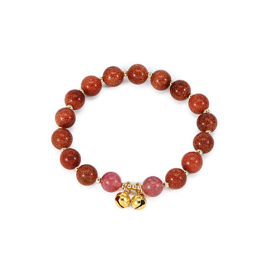 Strawberry Crystal and Gold Sand Bracelet with Sterling Silver Bell Detail