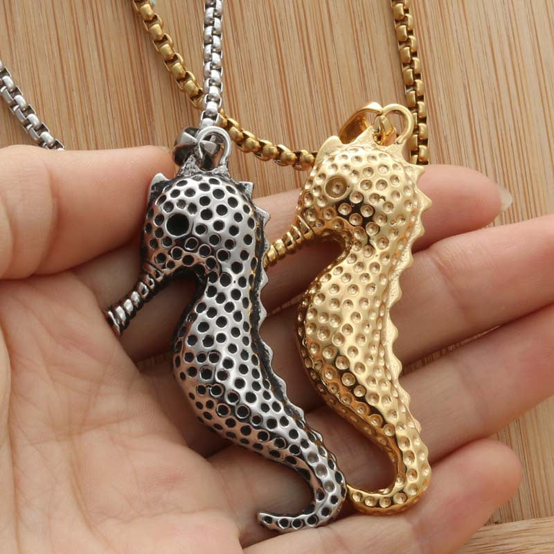 Personalized Titanium Steel Seahorse Pendant Necklace for Men - Retro Punk Sea Creature Design