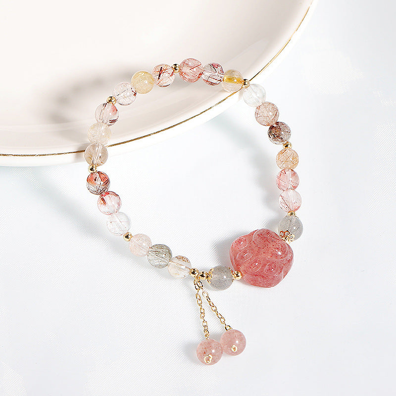 Strawberry Crystal Tassel Bracelet with Cat Claw Design