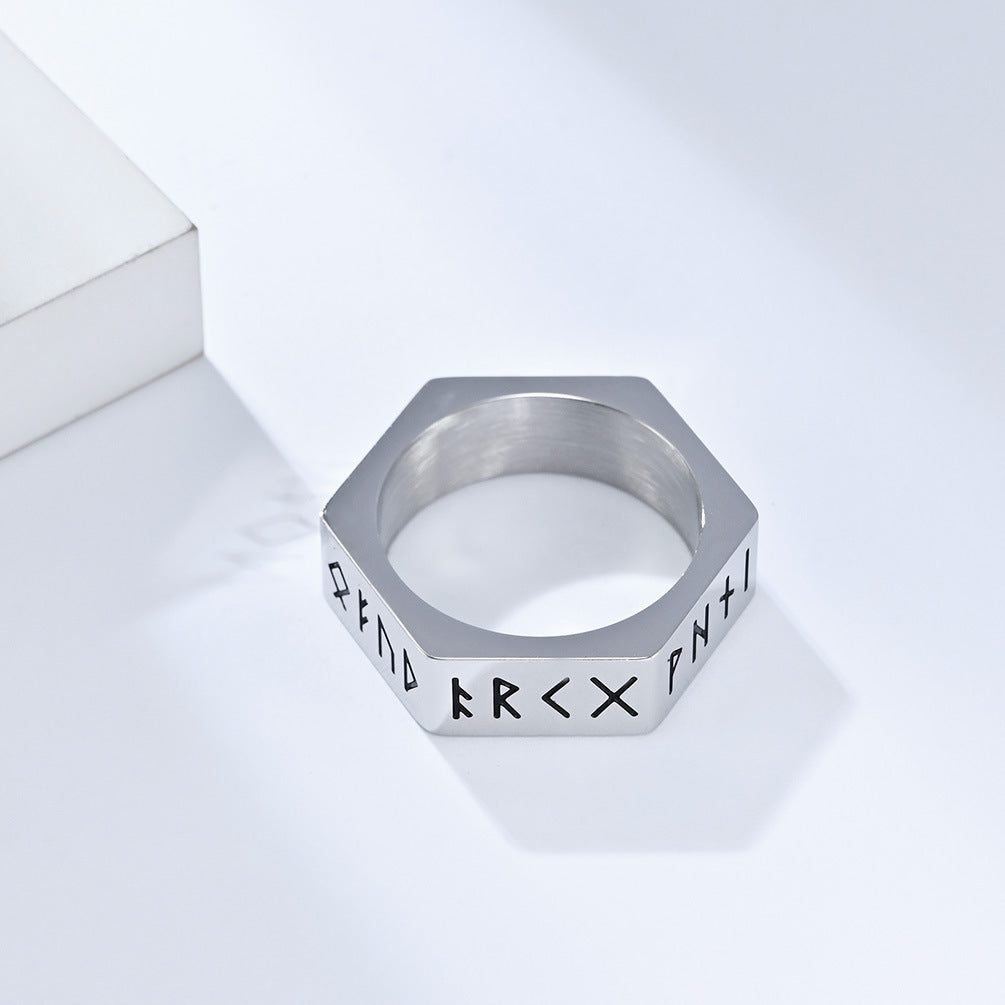 Planderful Everyday Genie Stainless Steel Ring With Hexagonal Niche And Pirate Viking Text For Hipster Vibe